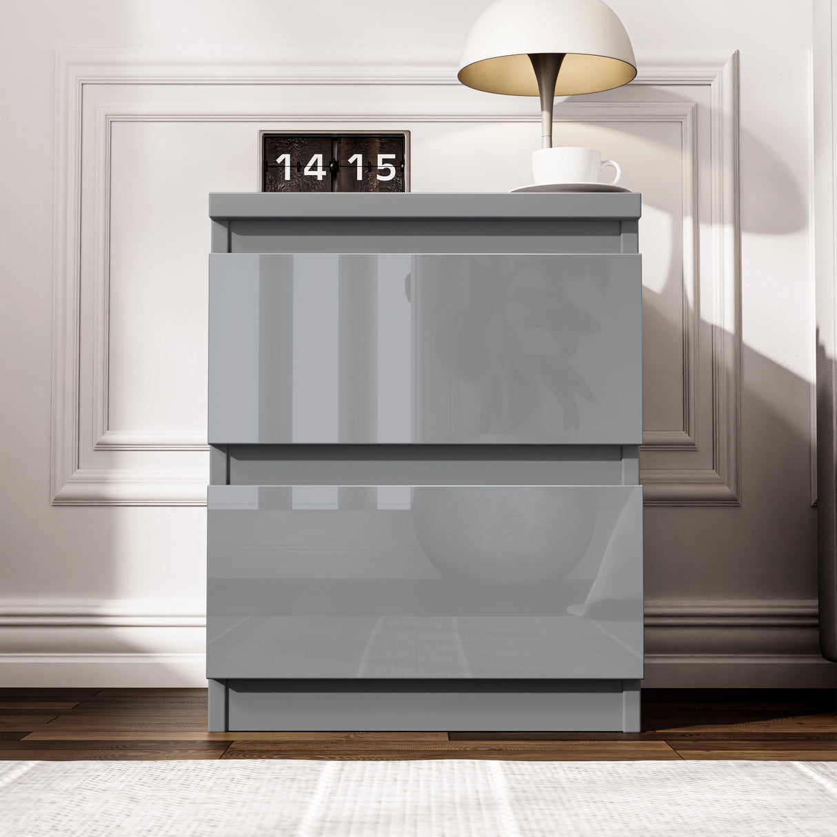 High Gloss 2 Drawer Bedside Table - Bedside Nightstand Drawers