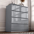 [Grey] Handleless grey High Gloss 4 Drawer Chest of Drawers angled inside a panelled bedroom setting.