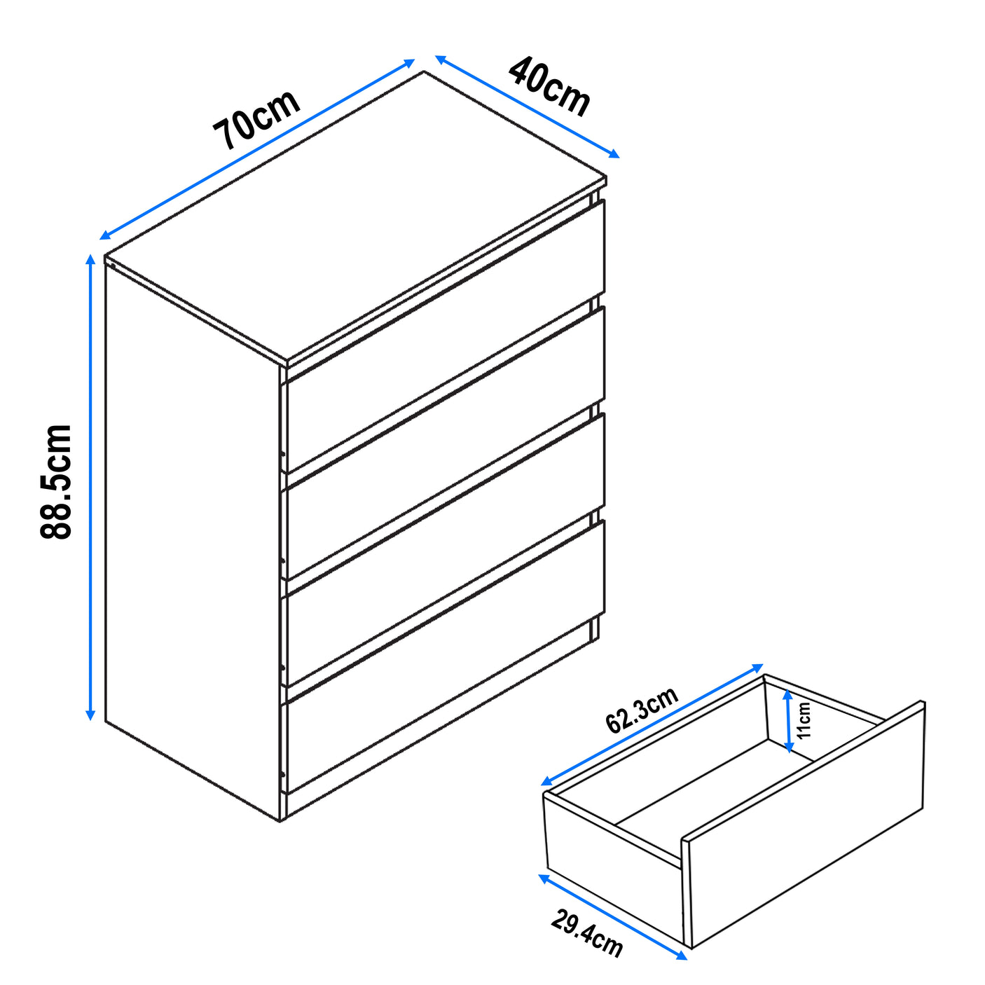 High Gloss 4 Drawer Chest of Drawers with dimensions 70cm wide, 40cm deep, and 88.5cm high, ideal for bedroom storage.