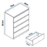 High Gloss 4 Drawer Chest of Drawers with dimensions 70cm wide, 40cm deep, and 88.5cm high, ideal for bedroom storage.