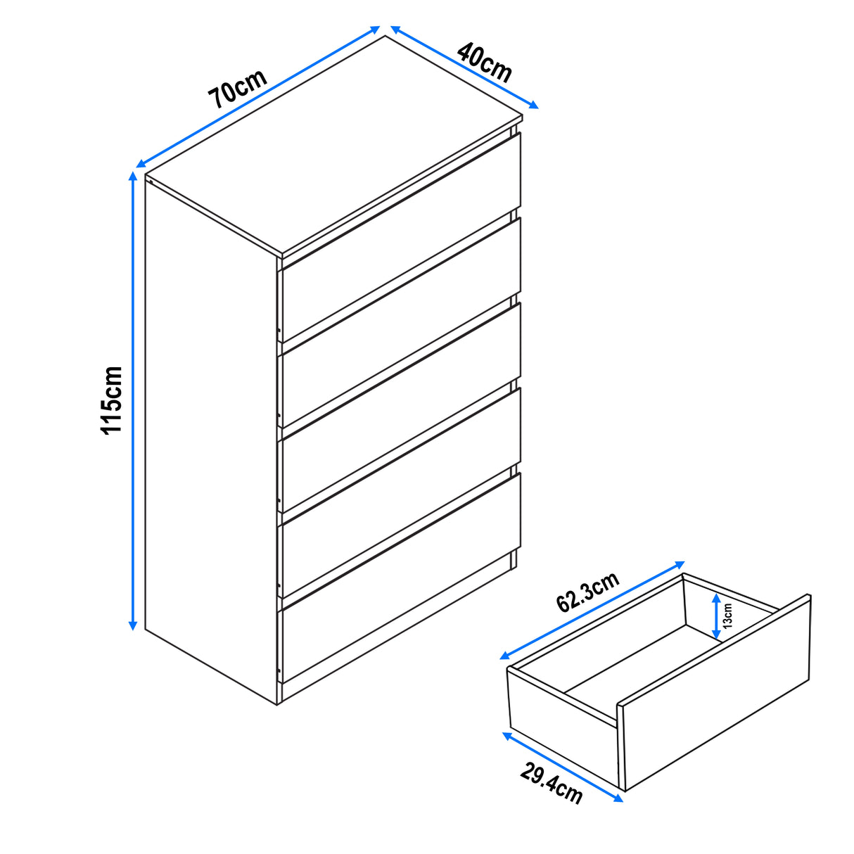 High Gloss Tall Chest of Drawers with 5 spacious drawers, measuring 115cm height, 70cm width, and 40cm depth. Ideal bedroom storage solution.