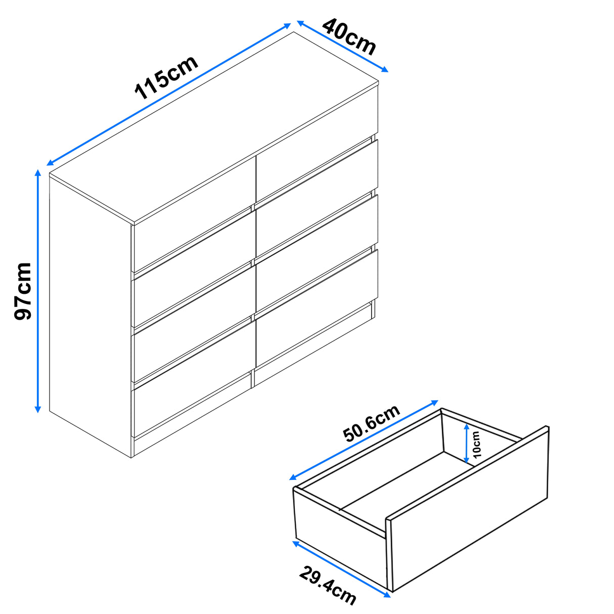 High Gloss Wide 8 Drawer Chest of Drawers | Bedroom Dresser with 115cm width, 97cm height, and 40cm depth. Ideal for modern bedroom storage.