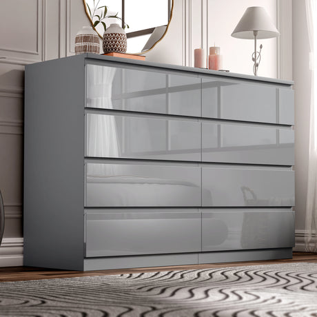 High Gloss Wide 8 Drawer Chest of Drawers in grey finish, ideal for modern bedroom storage. Sleek design with spacious drawers for clothes organization.