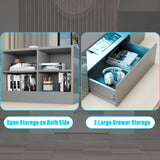 Close-up of grey LED coffee table showing open shelves and large drawers for functional and stylish storage.