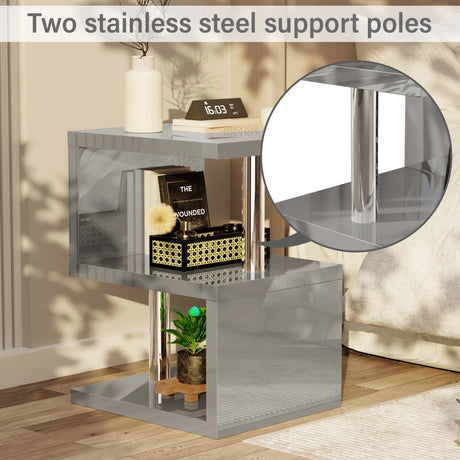 Stainless steel support poles on grey LED sofa side table, enhancing structural strength and sleek modern design.