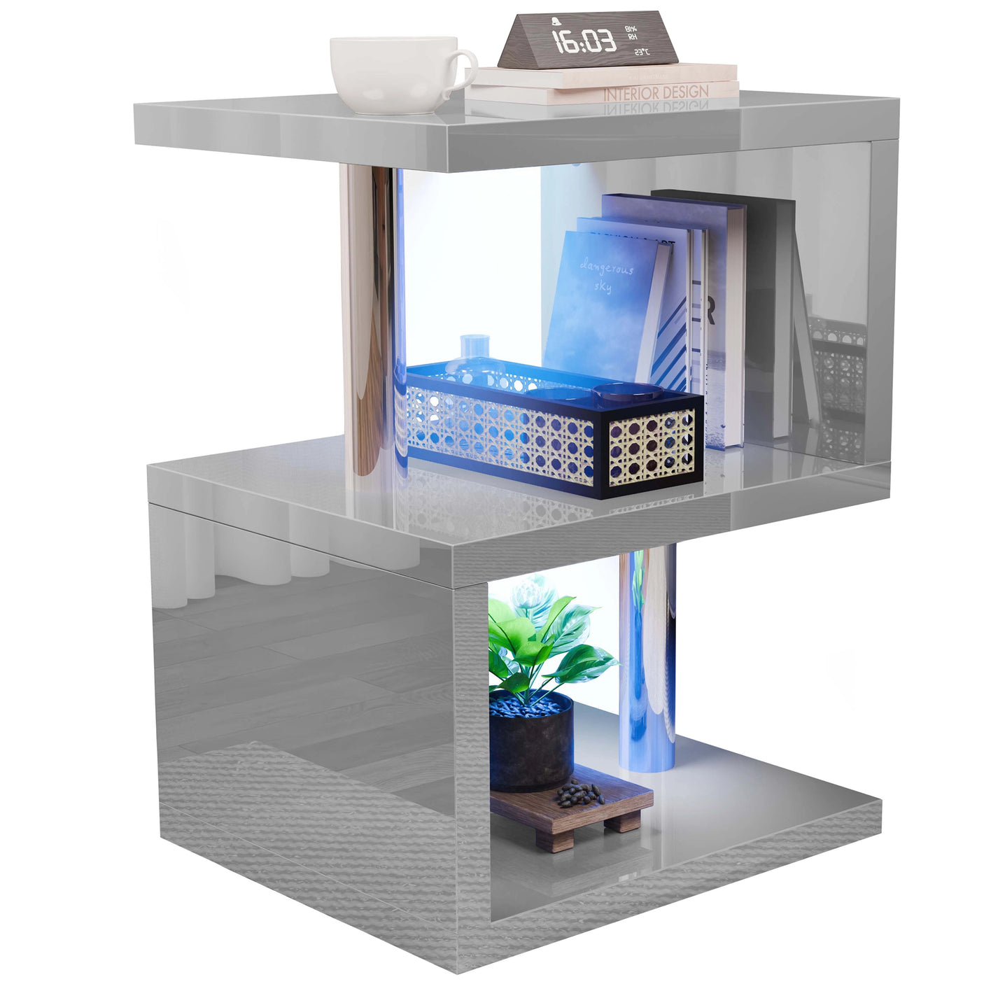 Grey LED end table with blue lighting and 3-tier storage, ideal for compact modern living spaces or bedrooms.