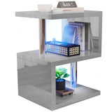 Grey LED end table with blue lighting and 3-tier storage, ideal for compact modern living spaces or bedrooms.