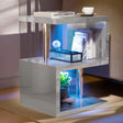 [Grey] high gloss sofa side table with blue LED lighting and 3-tier storage, ideal for modern living room or bedroom use.