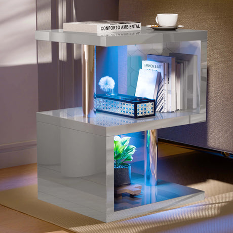 Grey high gloss sofa side table with blue LED lighting and 3-tier storage, ideal for modern living room or bedroom use.
