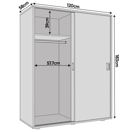 [High Gloss Grey] Torvek wardrobe dimension diagram showing 120cm width, 183cm height, 58cm depth and 57.7cm rail