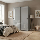 [High Gloss Grey] Modern bedroom with a sliding wardrobe, bed, and lamp.