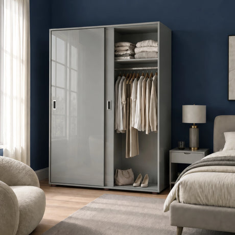 [High Gloss Grey] Torvek gloss wardrobe half-open in navy blue bedroom with hanging rail, shelf and accessories below