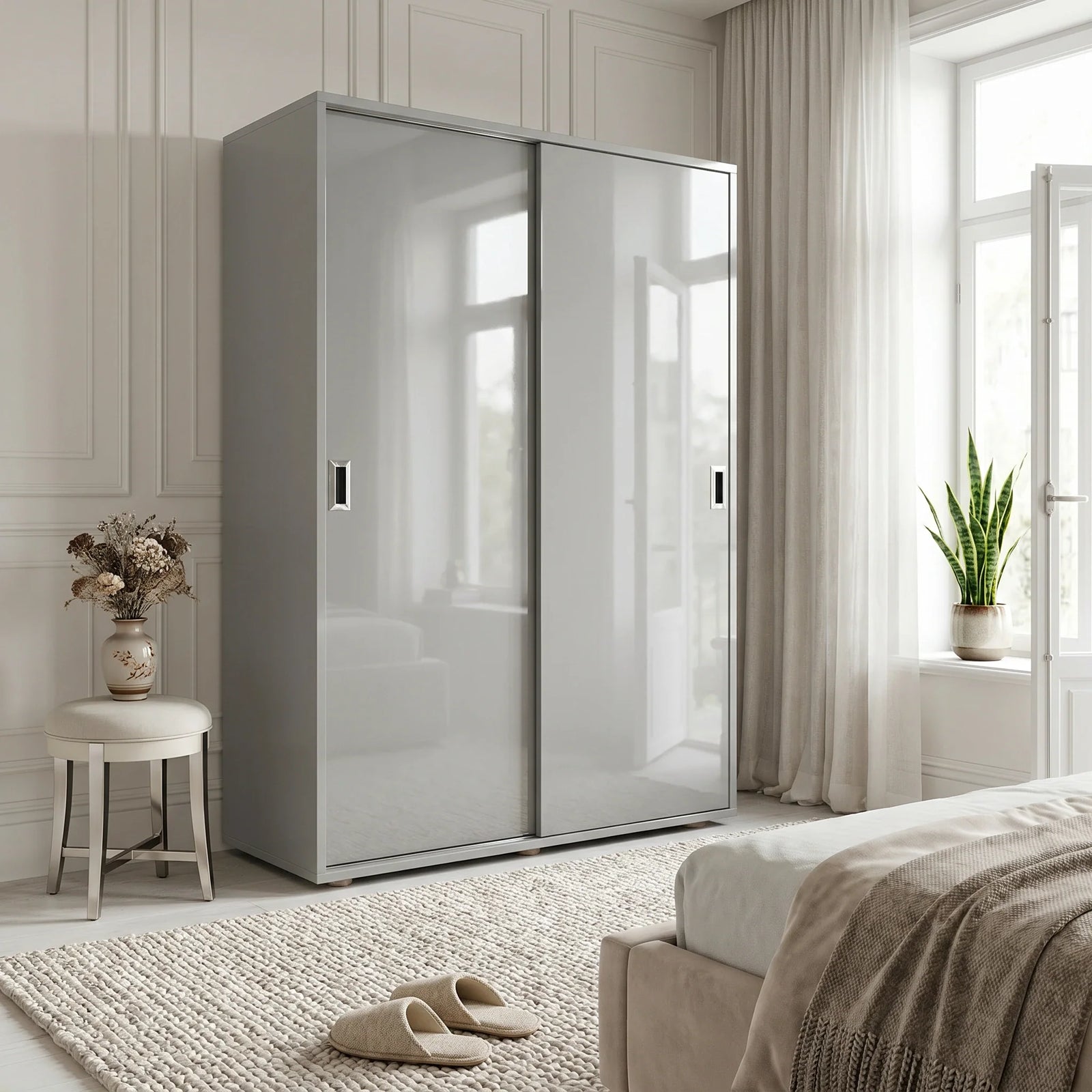 [High Gloss Grey] Modern bedroom with a large white wardrobe, bed, and decorative elements.