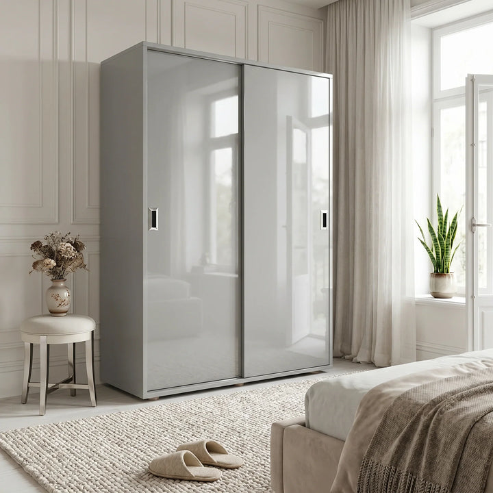 [High Gloss Grey] Modern bedroom with a large white wardrobe, bed, and decorative elements.