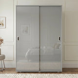 [High Gloss Grey] Torvek sliding wardrobe fully closed front view with reflective gloss grey doors in blue bedroom