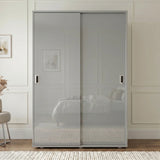 [High Gloss Grey] Torvek sliding wardrobe fully closed front view with reflective gloss grey doors in blue bedroom