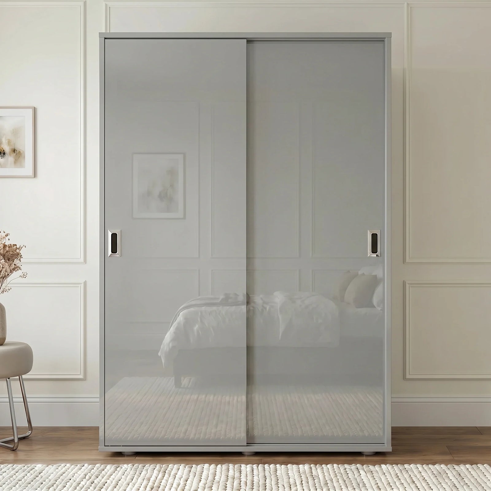 [High Gloss Grey] Torvek sliding wardrobe fully closed front view with reflective gloss grey doors in blue bedroom