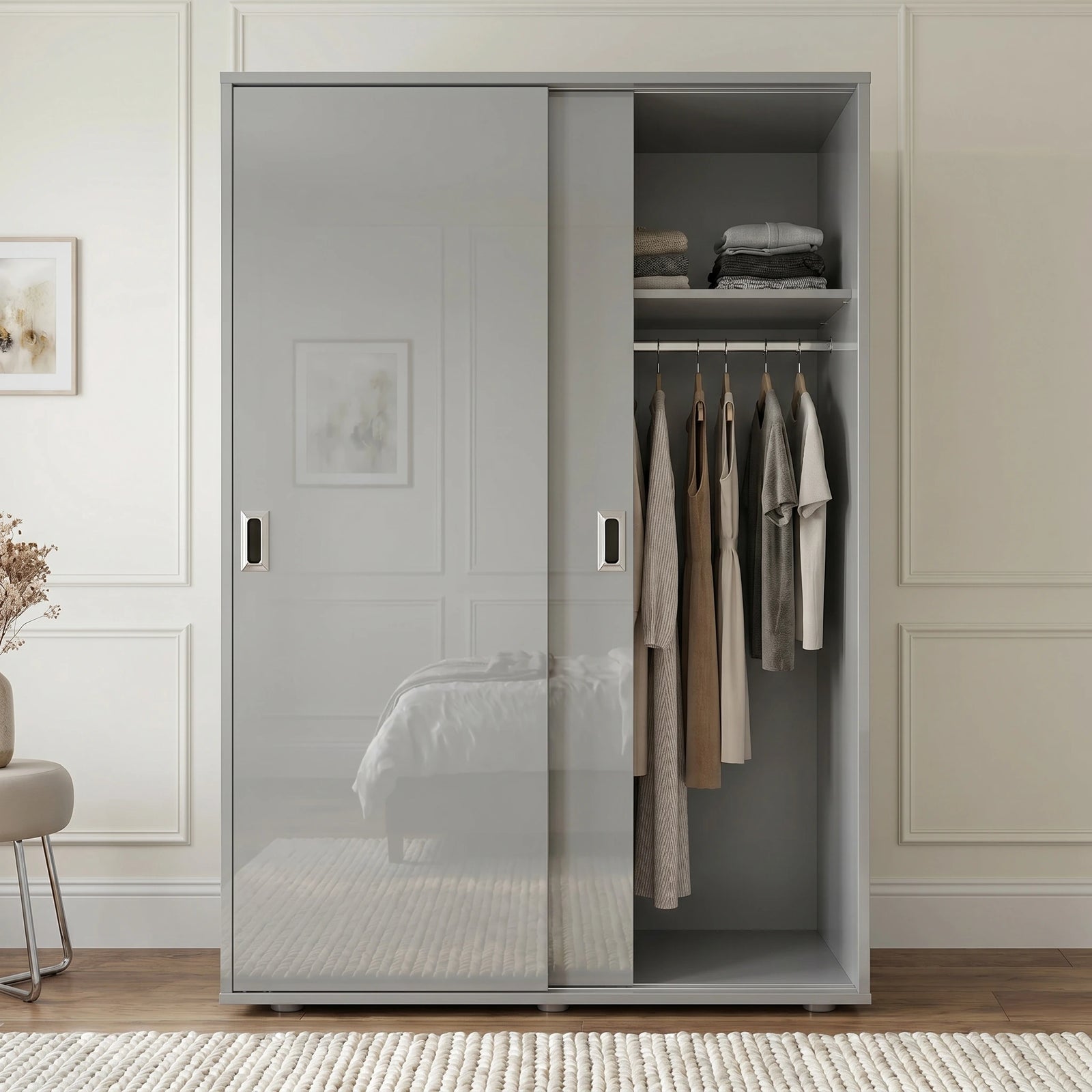 [High Gloss Grey] Torvek gloss wardrobe one door open in blue bedroom showing hanging rail, shelf and rolled bedding