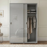 [High Gloss Grey] Torvek gloss wardrobe one door open in blue bedroom showing hanging rail, shelf and rolled bedding