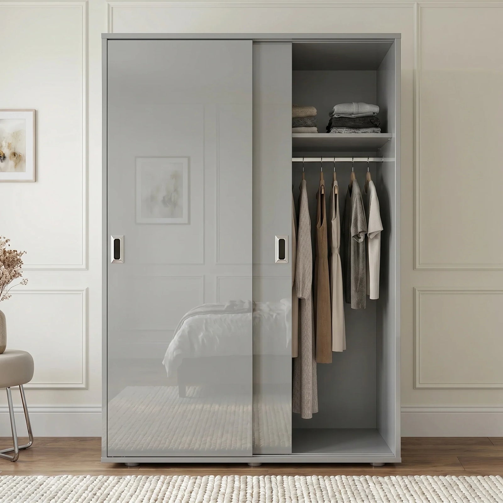 [High Gloss Grey] Torvek gloss wardrobe one door open in blue bedroom showing hanging rail, shelf and rolled bedding