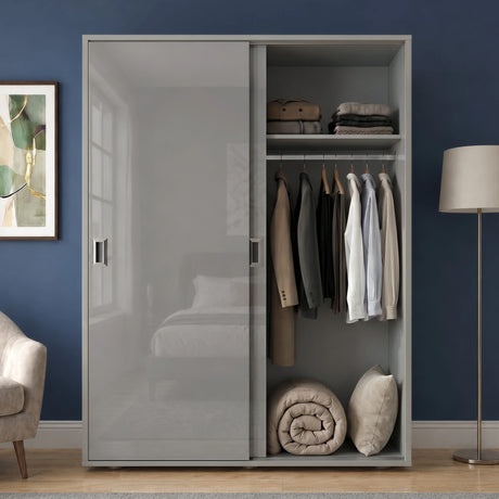 [High Gloss Grey] Torvek gloss wardrobe one door open in blue bedroom showing hanging rail, shelf and rolled bedding