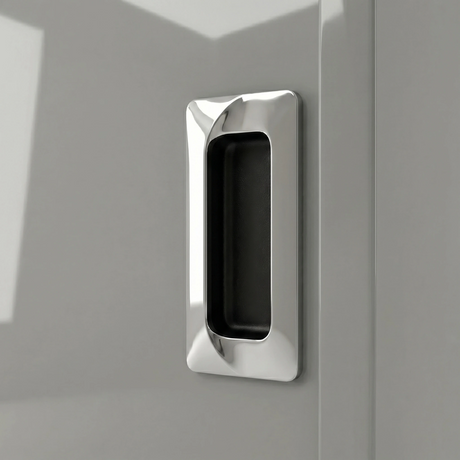 [High Gloss Grey] Torvek wardrobe close-up of polished chrome recessed flush handle on high gloss grey door panel