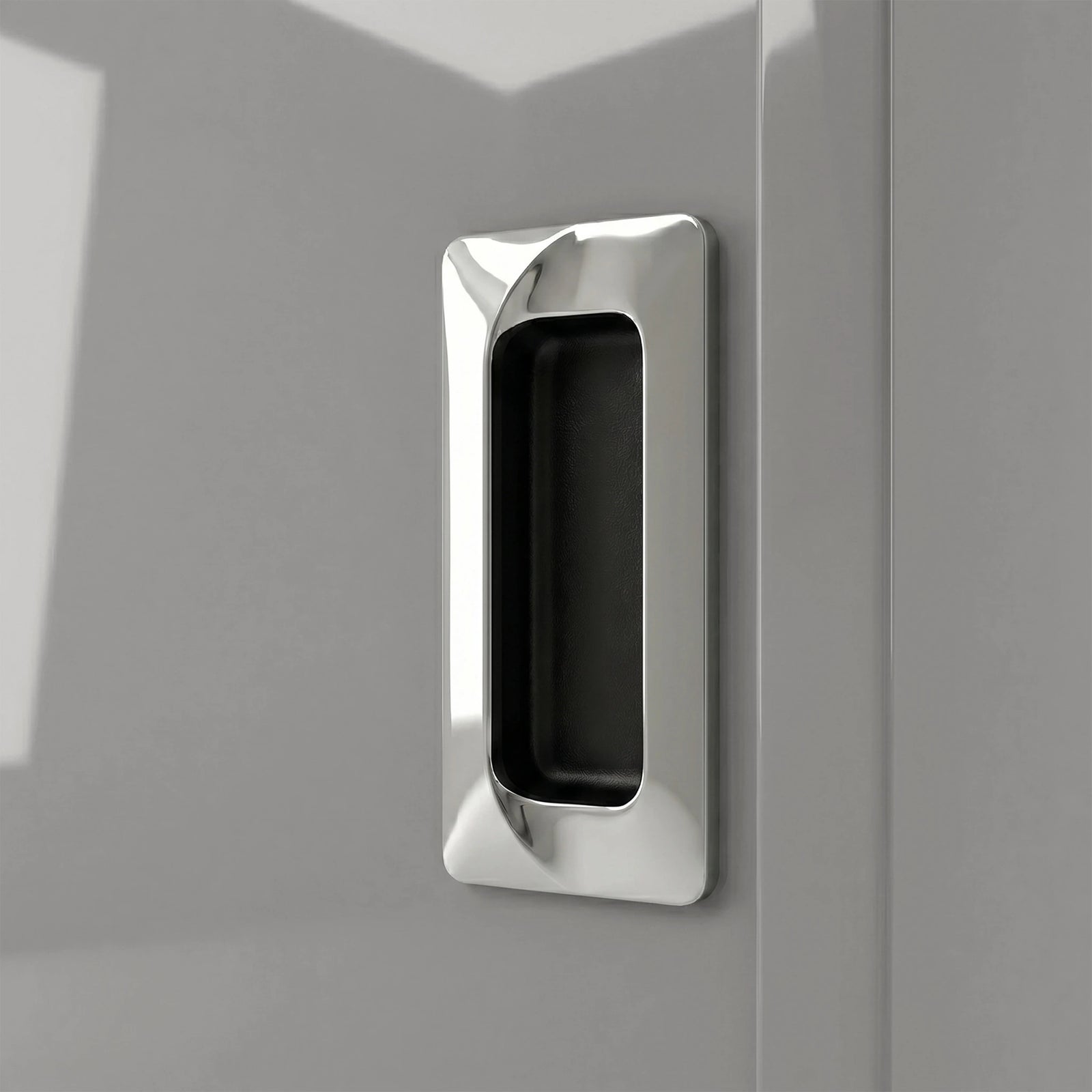 [High Gloss Grey] Torvek wardrobe close-up of polished chrome recessed flush handle on high gloss grey door panel