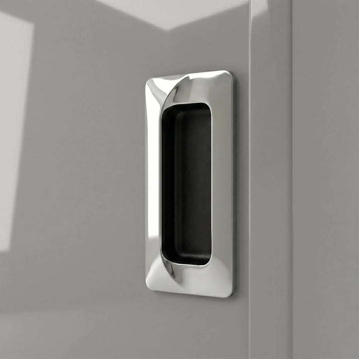 [High Gloss Grey] Torvek wardrobe close-up of polished chrome recessed flush handle on high gloss grey door panel