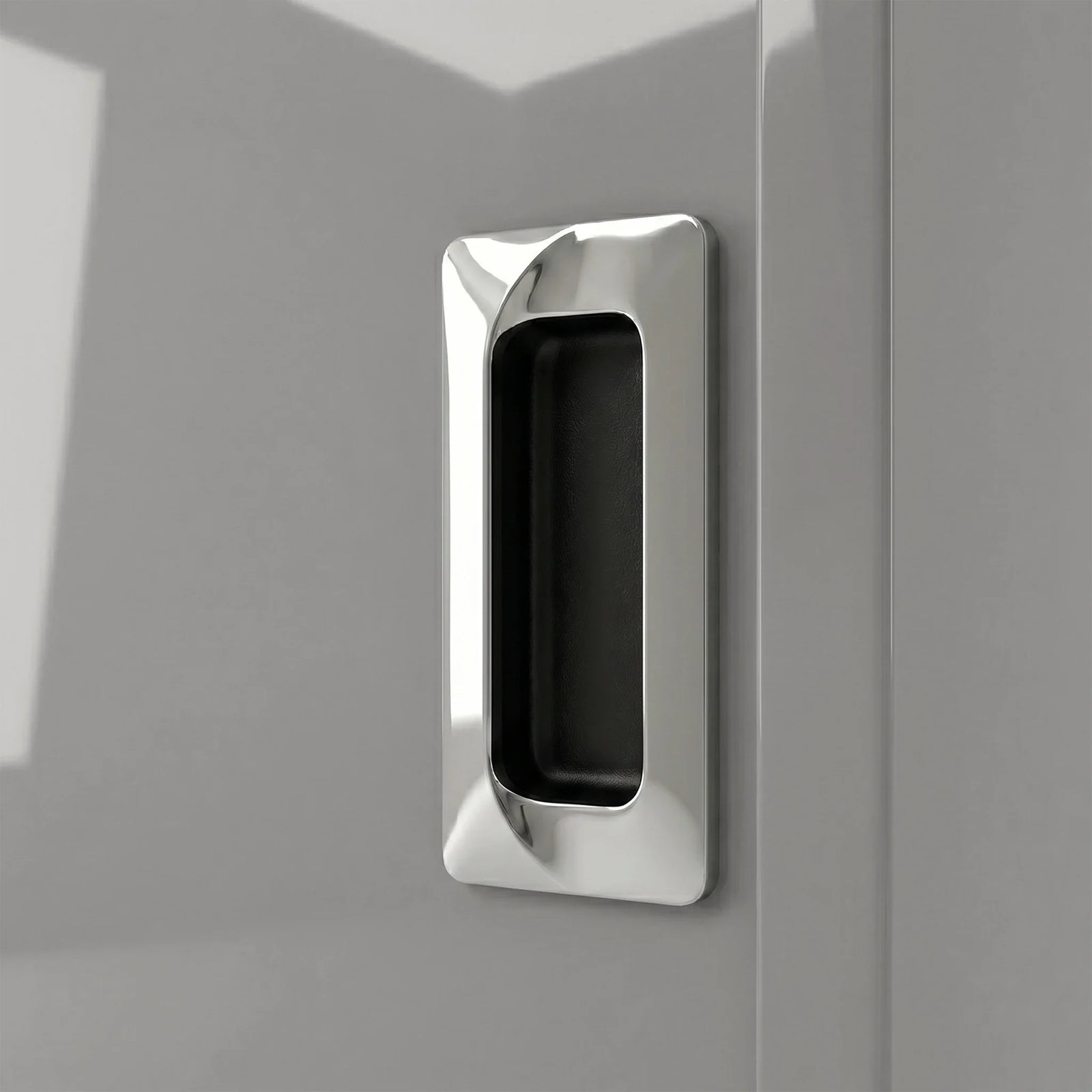 [High Gloss Grey] Torvek wardrobe close-up of polished chrome recessed flush handle on high gloss grey door panel