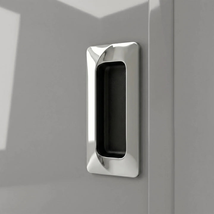 [High Gloss Grey] Torvek wardrobe close-up of polished chrome recessed flush handle on high gloss grey door panel