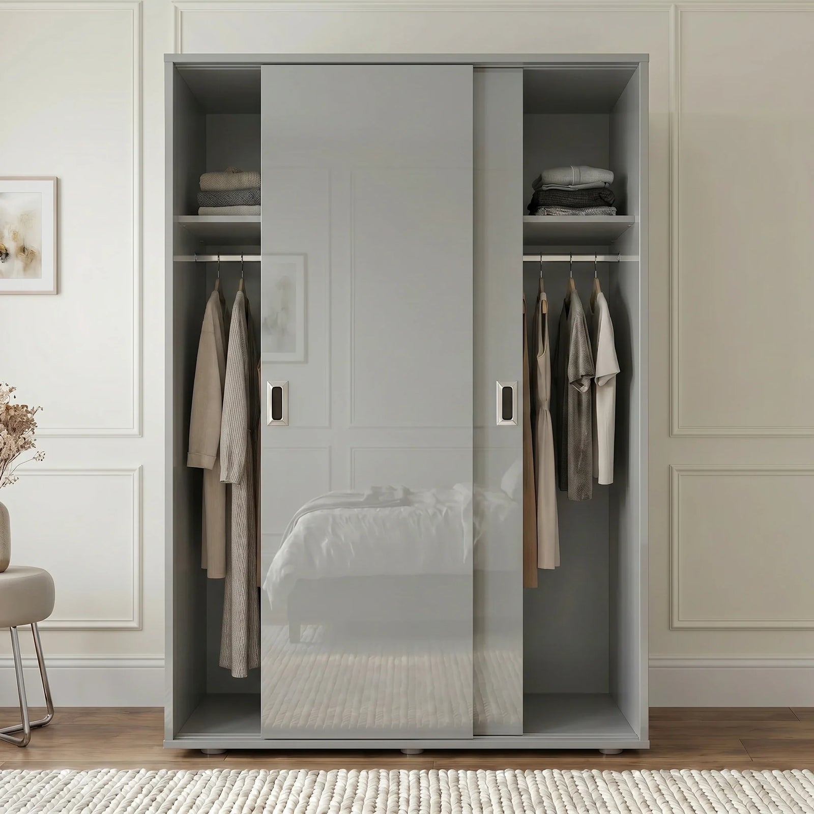 [High Gloss Grey] Modern wardrobe with sliding doors in a bedroom setting