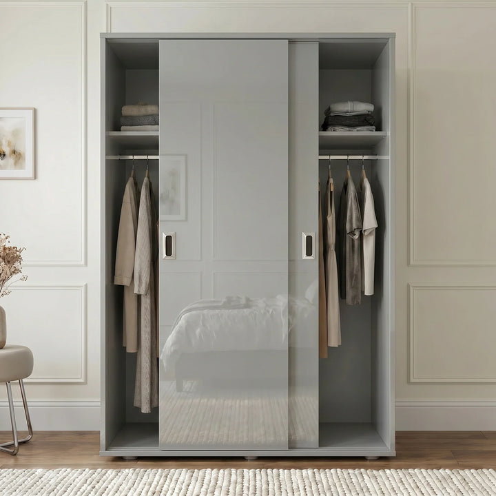 [High Gloss Grey] Modern wardrobe with sliding doors in a bedroom setting