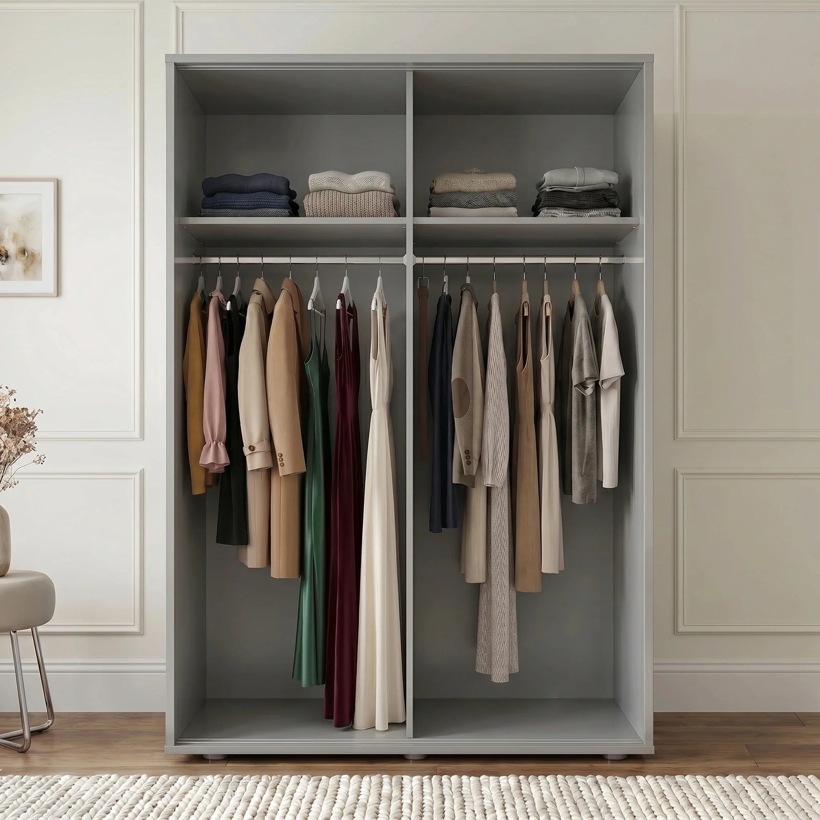 [High Gloss Grey] Torvek wardrobe both doors open showing full interior with hanging clothes, upper shelves and baskets