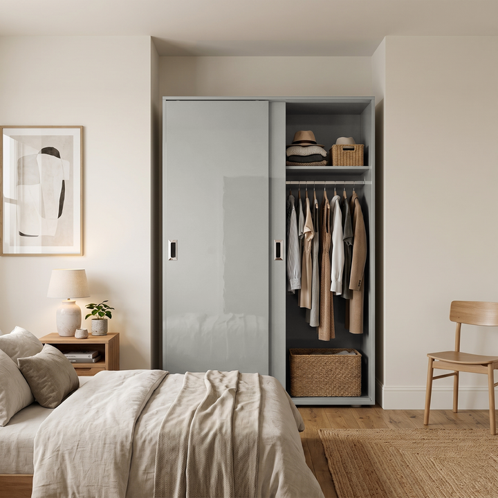 [High Gloss Grey] A modern sliding wardrobe in a minimalist bedroom, with one door open to show hanging clothes, shelves, and storage baskets. The room features neutral beige and wood tones, a wooden chair, and a neatly made bed.