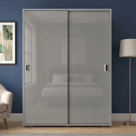 [High Gloss Grey] Torvek sliding wardrobe fully closed front view with reflective gloss grey doors in blue bedroom