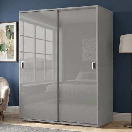[High Gloss Grey] Torvek sliding wardrobe angled view fully closed with reflective gloss grey doors in blue bedroom