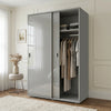 [High Gloss Grey] Torvek sliding wardrobe angled view fully closed with reflective gloss grey doors in blue bedroom