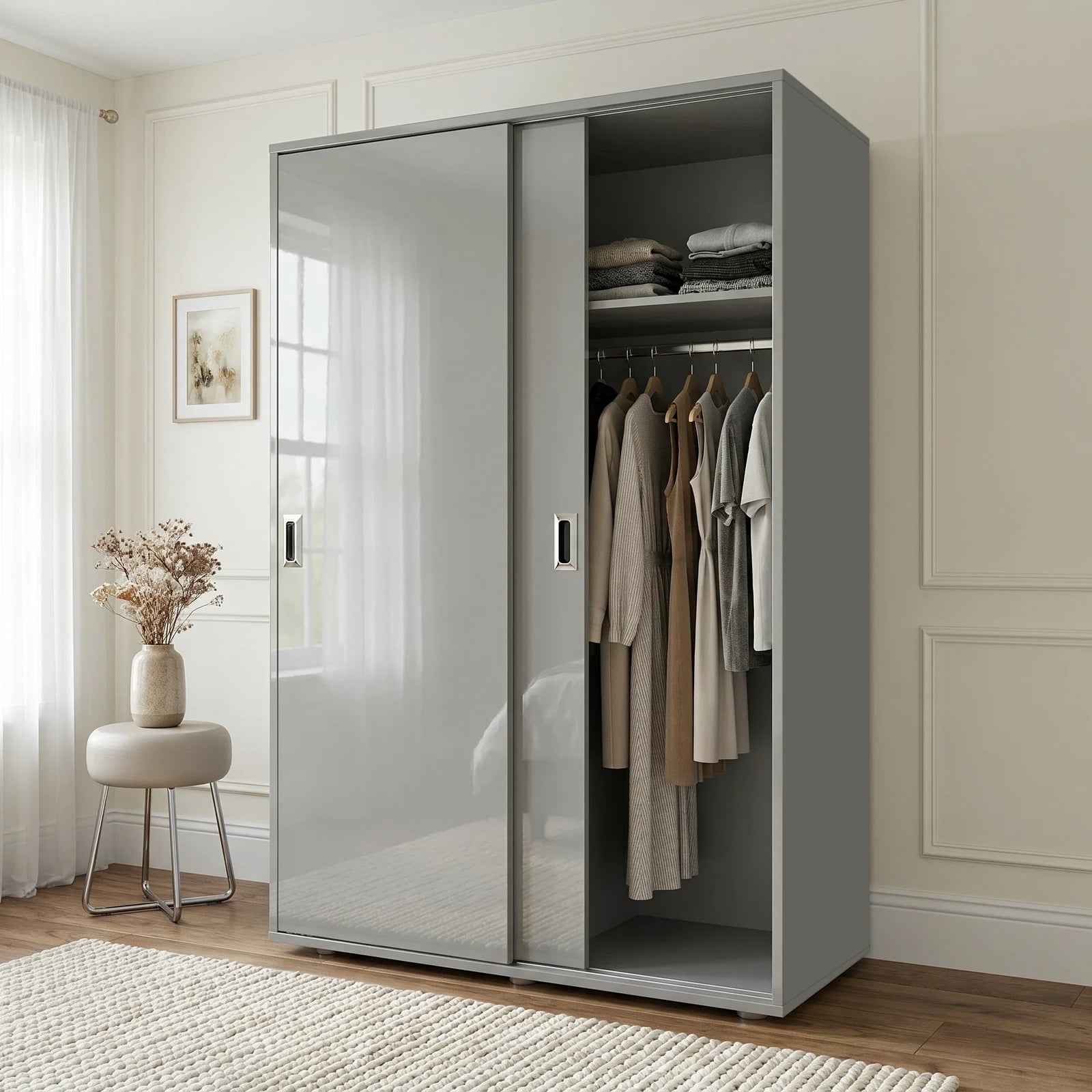 [High Gloss Grey] Torvek sliding wardrobe angled view fully closed with reflective gloss grey doors in blue bedroom