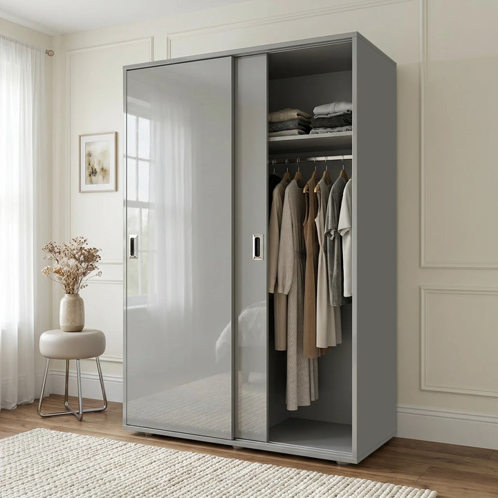 [High Gloss Grey] Torvek sliding wardrobe angled view fully closed with reflective gloss grey doors in blue bedroom