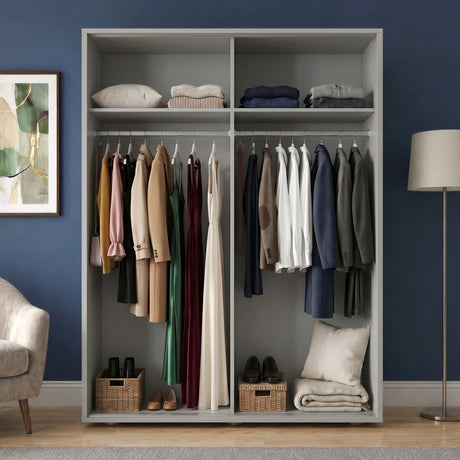 [High Gloss Grey] Torvek wardrobe both doors open showing full interior with hanging clothes, upper shelves and baskets