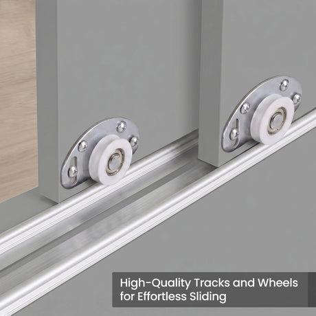 [High Gloss Grey] Torvek wardrobe close-up of grey sliding door roller wheels on aluminium bottom track rail