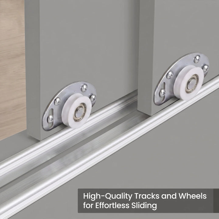 [High Gloss Grey] Torvek wardrobe close-up of grey sliding door roller wheels on aluminium bottom track rail