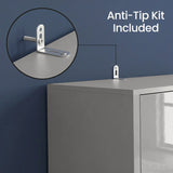 [High Gloss Grey] cabinet with an anti-tip bracket attached, against a blue wall