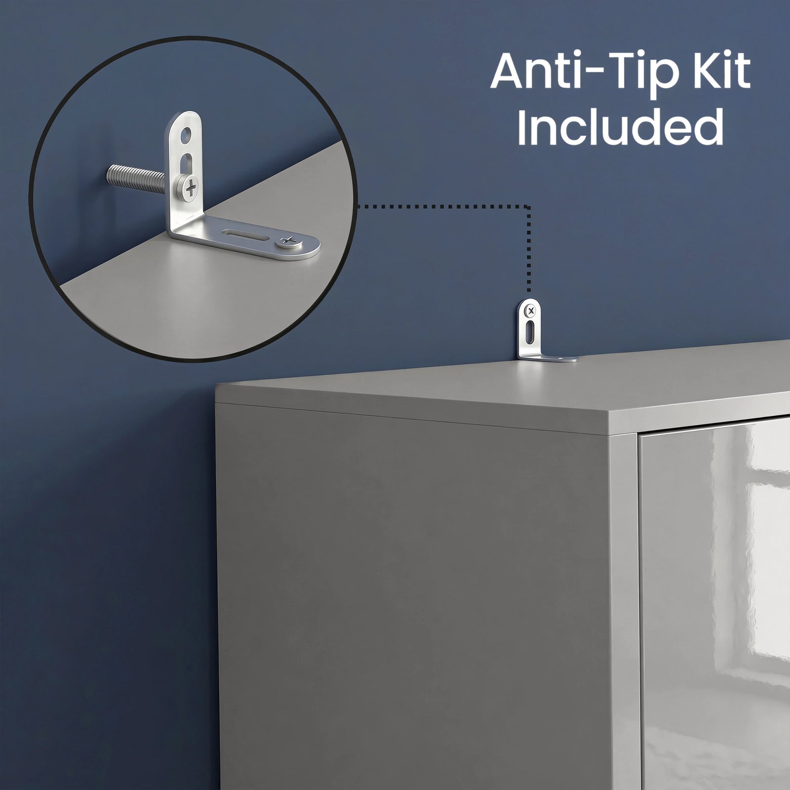 [High Gloss Grey] cabinet with an anti-tip bracket attached, against a blue wall
