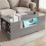 [Grey] High Gloss Coffee Table with LED Lights Storage Drawers in grey finish on living room rug