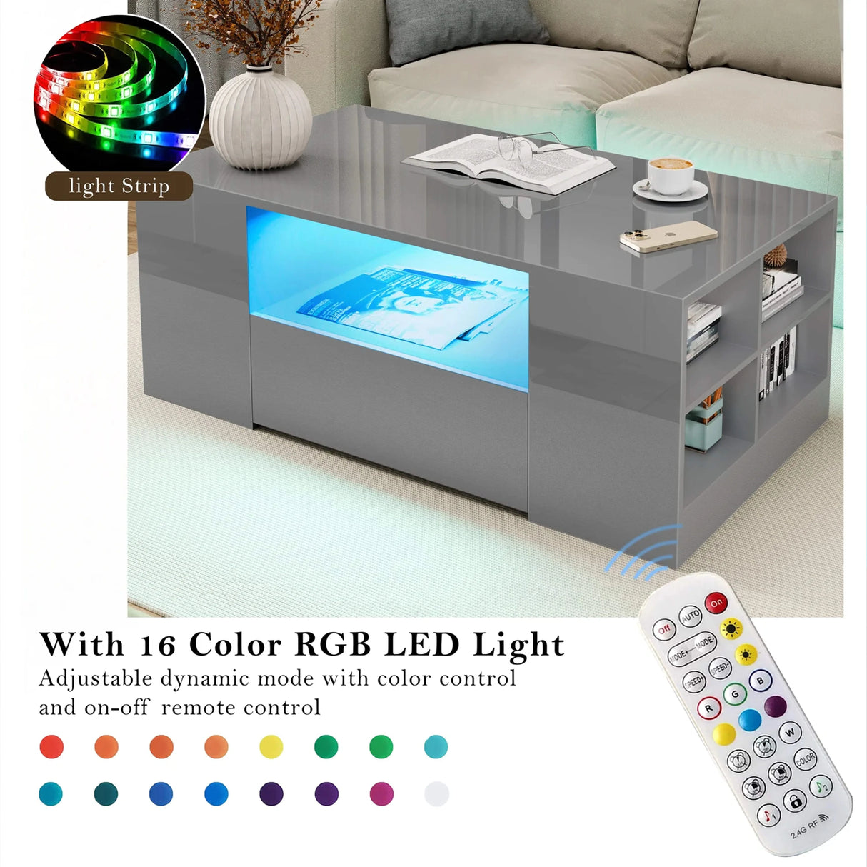[Grey] Grey coffee table with blue LED on plus side panel showing RGB colour swatches and remote
