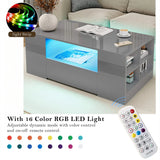 [Grey] Grey coffee table with blue LED on plus side panel showing RGB colour swatches and remote