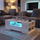 [White] White High Gloss Coffee Table with LED Lights Storage Drawers in living room with TV and table lamp