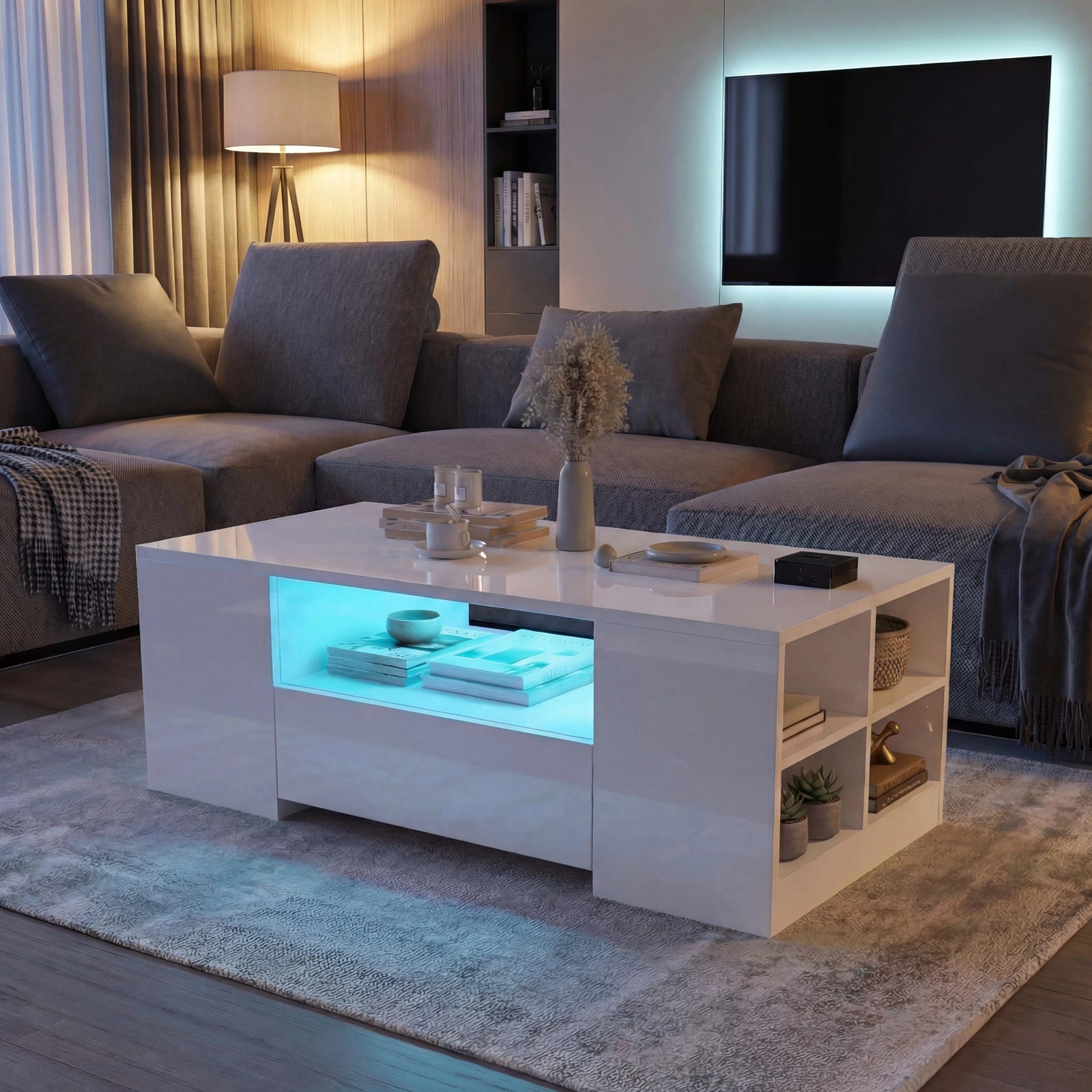 [White] White High Gloss Coffee Table with LED Lights Storage Drawers in living room with TV and table lamp