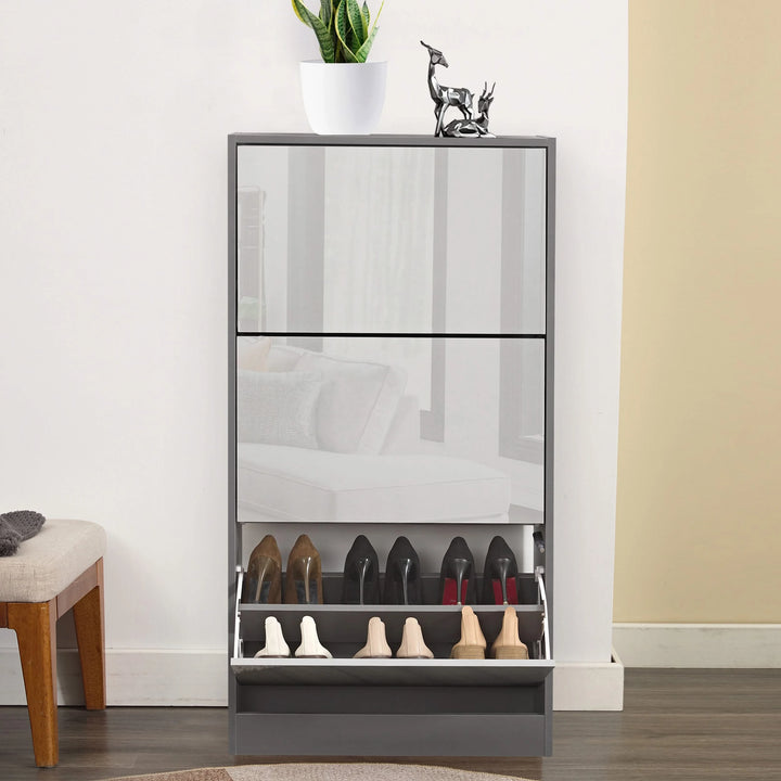 [Dark Grey & Sliver Grey] Front view of wooden shoe cabinet with bottom drawer open, showing multiple shoes stored inside.